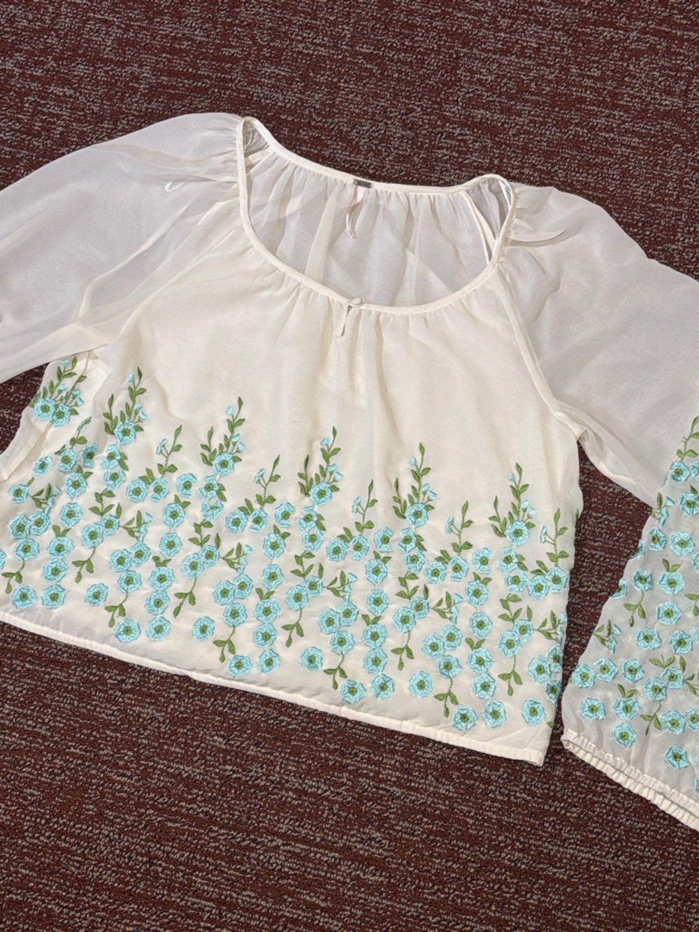 Free people sheer dainty floral embroidered long sleeve cropped blouse medium
